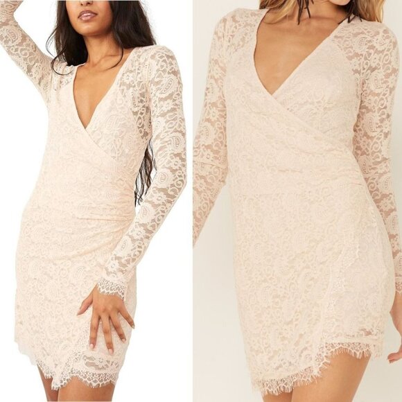 NEW Free People Pearl Lace Long Sleeve Faux Wrap Fitted Mini Dress Ivory - Picture 14 of 16